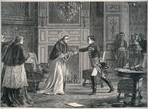 Napoleon bezoekt paus Pius VII in Fontainebleau 1804 - Bezoek van Napoleon I aan paus Pius VII in Fontainebleau 1804 door Unknown artist