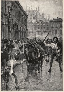 Napoleons abdicatie veroorzaakt rellen in Milaan, en Giuseppe Prina, de impopulaire minister van Financiën, wordt door de straten gesleept en uiteindelijk gedood door de menigte op Piazza San Fedele in Milaan, 20 april door Unknown artist
