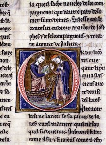 Nascion ontvangt het boek (?). Manuscript: Verovering van de Heilige Graal, geschreven 717 jaar na de passie van onze heer. Bibliothèque municipale de Rennes, ms. 255 (Collectie van romans van de Ronde Tafel); Parijs