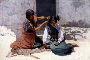 Inheemse Amerikaanse moeder van de Hopi-stam, verzorgt het haar van haar dochter als voorbereiding op het huwelijk door Unknown artist
