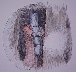 Ned Kelly met zijn zelfgemaakte harnas in confrontatie met de politie (handgekleurde gravure) door Unknown artist