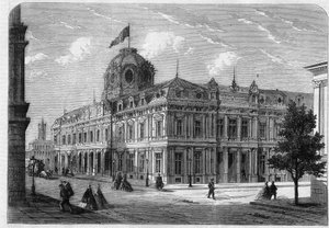 Nieuw handelsgerechtshof van Parijs Quai de Corse (voormalige Quai Desaix) op het Ile de la Cite, gebouwd volgens de plannen van architect Antoine Nicolas Louis Bailly (1810-1892) met goedkeuring van prefect Georges Eugene Haussmann (Baron Haussmann)