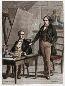 Niepce leest aan Louis Daguerre de beschrijving van Heliografie voor, voor het vastleggen van beelden uit camera obscura - Nicephore Niepce (1765-1833), Franse uitvinder, pionier van de fotografie leest aan Daguerre de beschrijving van zijn methode voor door Unknown artist
