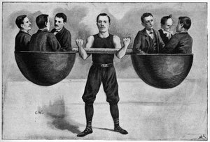Nino jonge Italiaanse 24 jaar oud in het wintercircus draagt zes mannen in haar arm. Van een foto uit 1898