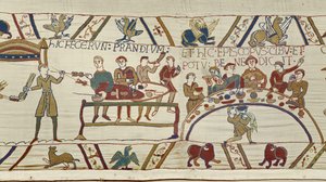 Normandische dienaren bereiden een banket voor Willem en bisschop Odo zegent de maaltijd, Tapijt van Bayeux door Unknown artist