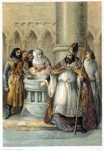 Notger (930 - 1008), bisschop van Luik, tijdens de doop van Otto III (980-1002), koning van Duitsland. Chromolithografie uit de 19e eeuw door Unknown artist