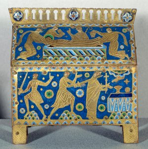 Kunstobject: Emaille jacht, goud en koper door Thomas Becket (1118-1170), aartsbisschop van Canterbury. Het is versierd met voorstellingen van de moord op de aartsbisschop op 29/12/1170 in de kathedraal van Canterbury en zijn begrafenis. Circa 1220