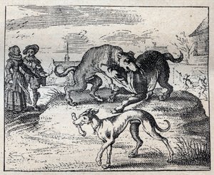 Oud Engels spreekwoord: twee honden vechten om een bot en de derde neemt het weg door Unknown artist