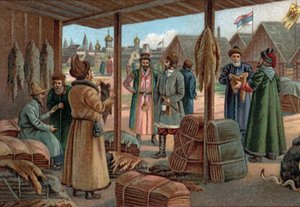 Oude winkelcentra: bontmarkt in Novgorod (Veliki Novgorod), Rusland in de 19e eeuw. Chromolithografie uit het einde van de 19e eeuw