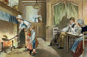 Oude gewoonte gevierd in de Berry-regio: kaarsenpannenkoeken. Chromolithografie van het einde van de 19e eeuw.