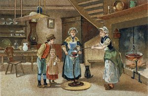 Oude gewoonte gevierd in de Dauphiné-regio: La boudinée. Chromolithografie van het einde van de 19e eeuw.
