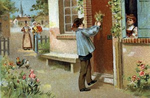 Oude gewoonte gevierd in de regio Bourgondië: Meifeest. Chromolithografie uit de late 19e eeuw. door Unknown artist