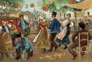 Oude gewoonte gevierd in de regio Vlaanderen: Vlaamse Kermis. Chromolithografie van het einde van de 19e eeuw. door Unknown artist