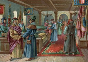 Oude winkelcentra: linnenhal in Brugge, België in de 15e eeuw. Chromolithografie van het einde van de 19e eeuw