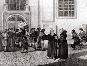 Op 31/10/1517 spijkerde Luther zijn 95 stellingen aan de poorten van het kasteel van Wittenberg, waarin hij de verkoop van aflaten aan de kaak stelde en die het begin van de Reformatie markeerden - gravure door Unknown artist