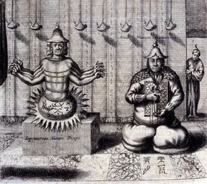 Links, hindoeïstische godheid met acht armen, rechts Amida, Japanse Boeddha. 