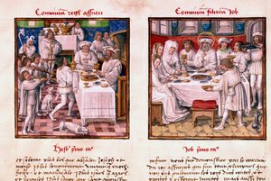 Links het feest van Assuerus 1e (Xerxes 1e). Rechts het feest van de kinderen van Job. Miniatuur uit het manuscript 