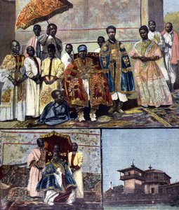 Bovenaan is de keizerin Taitou van Ethiopië, vrouw van Menelik II en zijn gevolg. Linksonder is zijn dochter, de toekomstige koningin Zaouditou (1876 - 1930). Rechts het keizerlijk paleis Ghebi in Addis Abeba. Ill. voor de late 19e-eeuwse pers door Unknown artist
