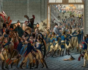 Honderd dagen: Napoleon Bonaparte (1769-1821) keerde terug uit zijn ballingschap op het eiland Elba - triomfantelijke intocht op 20 maart 1815 in het Palais des Tuileries - gravure 19e eeuw door Unknown artist