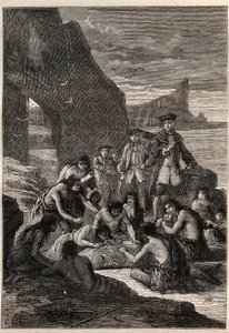 Een van hen ontkoppeld met de tanden: Vice-admiraal John Byron (1723-1786) op een van de eilanden van de Straat van Magellan - de Fuegianen (inwoners van Vuurland) ontkoppelen met hun tanden een walvis die op het strand was aangespoeld en versteend - illus door Unknown artist