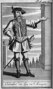 Ridderorden. Ridder van de Orde van de Lelie in Aragon in de 15e eeuw. In "Geschiedenis van militaire orden of ridders, van de seculiere en reguliere milities van beide geslachten, die tot nu toe zijn opgericht. Editie genomen van Abbe Giustiniani, R.P.Bon door Unknown artist