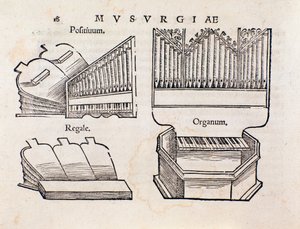 Orgelvoorstelling. Pagina uit Musurgia praktisch handboek van muziek door Unknown artist