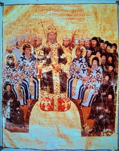 Orthodoxe religie: De Byzantijnse keizer Johannes VI Cantacuzene (1293-1354) die de Raad van Constantinopel voorzit op 18/05/1351