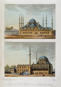 Ottomaanse Rijk: Blauwe Moskee (of Sultanahmet Camii) gebouwd door Sultan Ahmet (Ahmed) I en Moskee van Laleli in Istanbul - in "Het oude en moderne kostuum" door Ferrario, ed. Milaan door Unknown artist