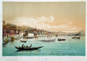 Ottomaanse Rijk: uitzicht op de Bosporus in de buurt van Bebek in Turkije. Vissersscènes. Gravure van de 19e eeuw Parijs, Decoratieve Kunsten