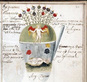 Pagina uit een alchemistisch notitieboek, een paar en een engel