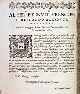 Opdrachtpagina aan Ferdinand van Oostenrijk in muzikale partituur van Sinfonie musicali door Ludovico Viadana