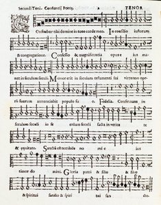 Pagina van muzikale partituur van Confitebor tibi domine psalm opgedragen aan Palestrina door Costanzo Porta