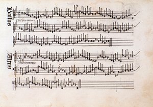 Pagina van bladmuziek van Harmonice Musices Odhecaton door Ottaviano Petrucci (1501) door Unknown artist