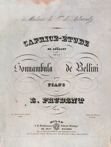 Pagina van de bladmuziek voor een Caprice-studie voor piano door Emile Prudent gebaseerd op La sonnambula door Vincenzo Bellini