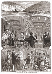 Paleiswagenleven op de Pacific Railroad, gravure 19e eeuw. door Unknown artist