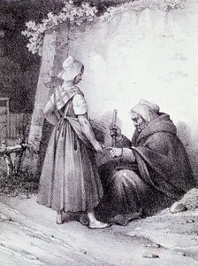 Handlijnkunde: een oude waarzegger leest de hand van een jong meisje (Gravure)