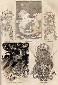 Pantheon van Japanse godheden, traditionele voorstelling van enkele typische figuren: de koningin van de hemel geflankeerd door twee bewakers; de Maki Tats, draak van de tyfoon en de baas van de wapens. Gravure ter illustratie van de reis naar Japan in 186