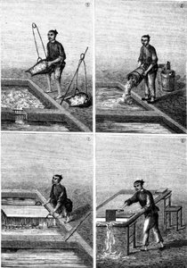 Papier maken in China in "De Wonderen van de Industrie" door Louis Figuier, Parijs