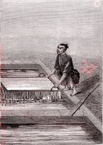 Papierpulp wordt vloeibaar, papierfabricage in China (3e eeuw v.Chr.) (gravure