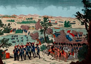 Oversteek van de Mincio op 11 Prairial jaar IV (20 december 1800) door de Franse grenadiers onder het oog van generaal Bonaparte - Gravure - 1800 - De Slag bij Pozzolo (ook bekend als de Slag bij de Mincio-rivier) door Unknown artist
