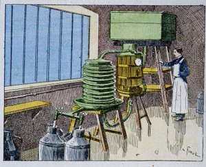 Pasteurisatie van melk - gravure, eind 19e eeuw