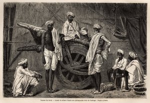 Boeren uit Scind (Punjab-regio, India), naast hun landbouwmachines. Gravure ter illustratie van de reis naar Pandjab en Kashmir, verhaal door Guillaume Lejean, in 1866, gepubliceerd in 
