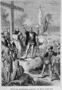 Pedro Alvarez Cabral, Portugese navigator (1460-1526) neemt bezit van Brazilië, dat hij Terra de Santa Cruz noemde, rond 1500 door Unknown artist