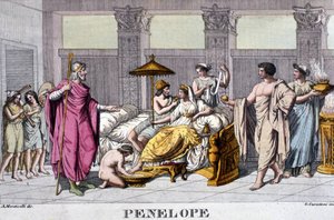 Penelope in zijn paleis. Gravure uit de 19e eeuw