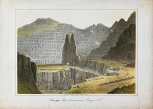 Penrhyn Slate Quarries, bij Bangor, Noord-Wales (handgekleurde litho op papier)