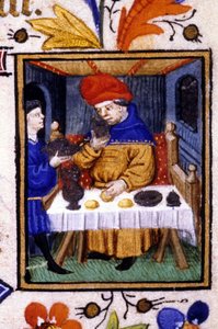 Voorstelling van de maand januari. Een dienaar zet eten op de tafel van zijn meester. Miniatuur van een 14e eeuws manuscript door Unknown artist