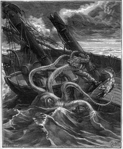 Gevaarlijke avonturen van Narcissus Nicaise in Congo - door Armand Dubarry (1836-1910) - hij stond tegenover een formidabel zeemonster (reusachtige octopus) (gravure in Journal des voyages van 1881) door Unknown artist