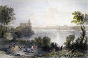 Kasteel Persenberg in Duitsland. Op de voorgrond de houtbewerkers aan het werk. Gravure uit de 19e eeuw. door Unknown artist
