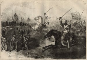 Perzisch-Anglo (Anglo-Perzische) Oorlog (1856-1857): de aanval van de 3e Britse Indo-cavalerie onder bevel van kapitein Forbes tijdens de Slag bij Koosh-Ab op 8 februari. door Unknown artist