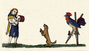 Getrainde huisdieren: een hond en een haan dansen op stelten op het ritme van de trommel. Gravure uit een manuscript uit 1344 van de Bodleyan-bibliotheek van Oxford door Unknown artist